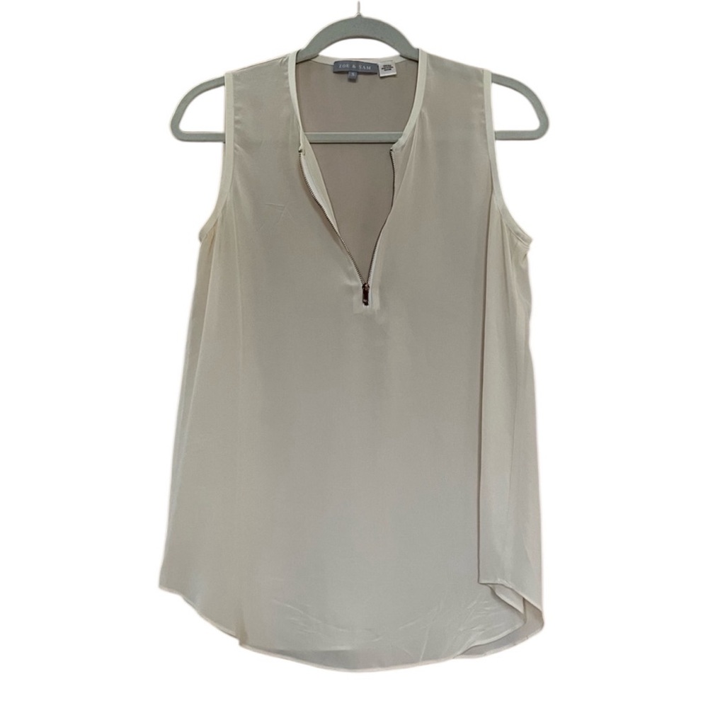 Zoe & Sam Ivory Semi-Sheer Zip Henley 100% Silk Tank Top, Size Small